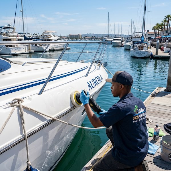 Wash and wax on a boat at the harbor