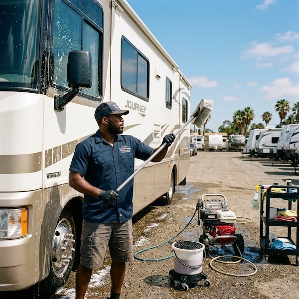 RV exterior wash and wax, per foot service